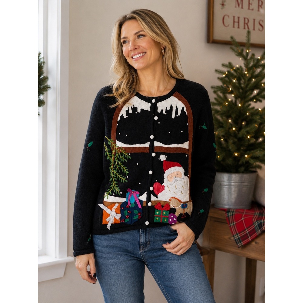 Hampshire Studio Snow Womens Black Santa Christmas Window Cardigan Sweater L